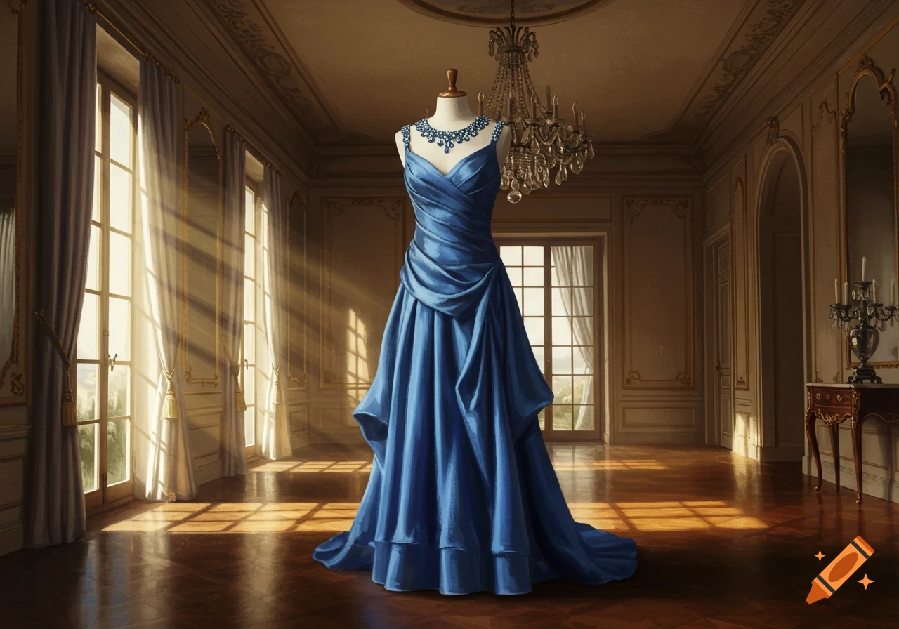 A flowing blue gown on a mannequin in a grand, sunlit room with a chandelier and tall windows.