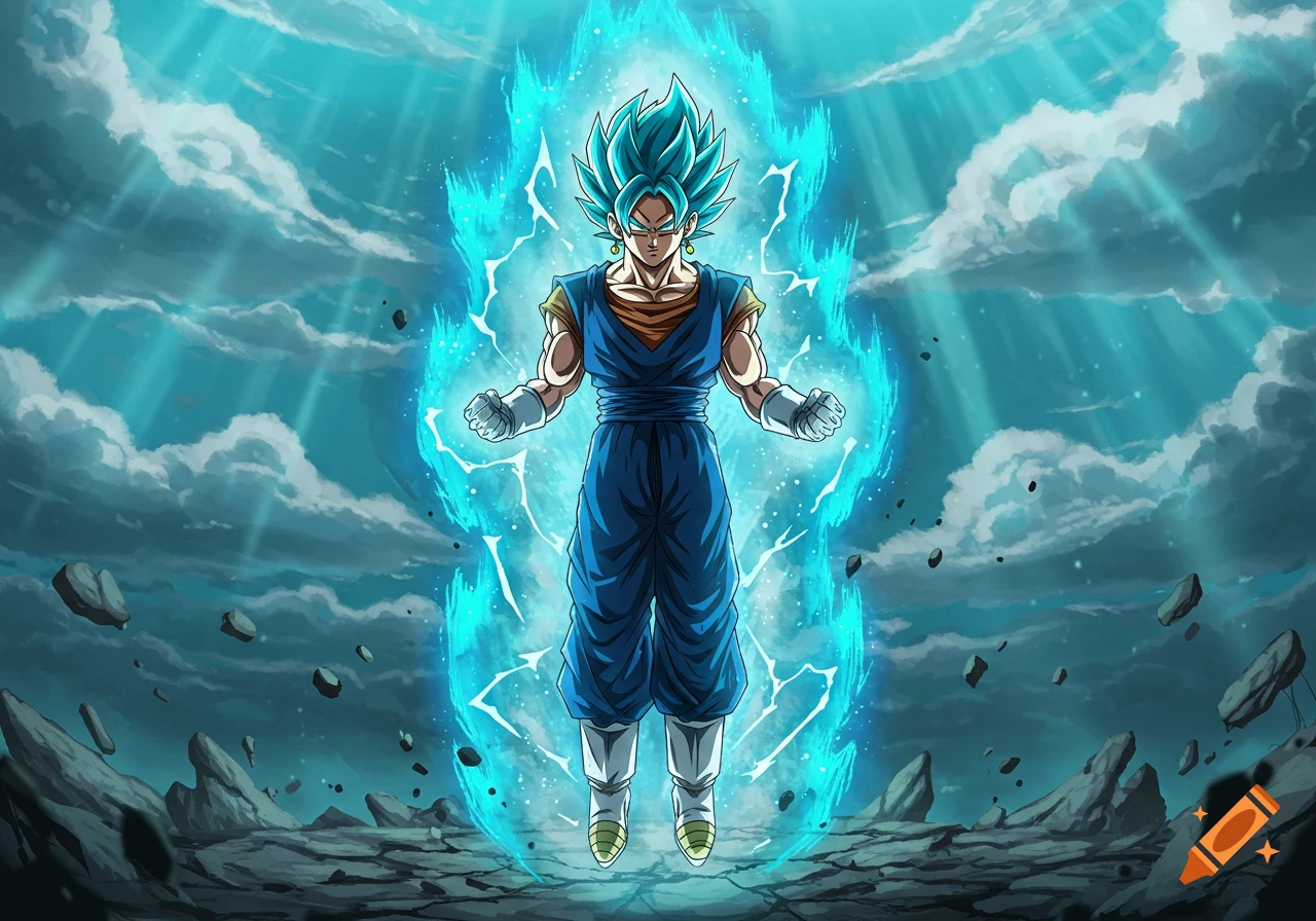 Vegito Blue powers up with a vibrant blue aura, floating above a rocky landscape under a dramatic cloudy sky.