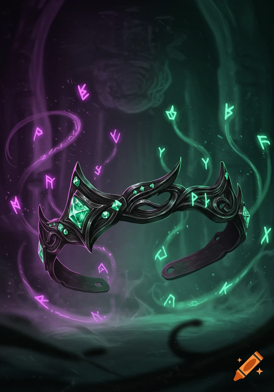 Dark fantasy circlet of black metal with green gems, surrounded by glowing purple and green runes and magical mist.