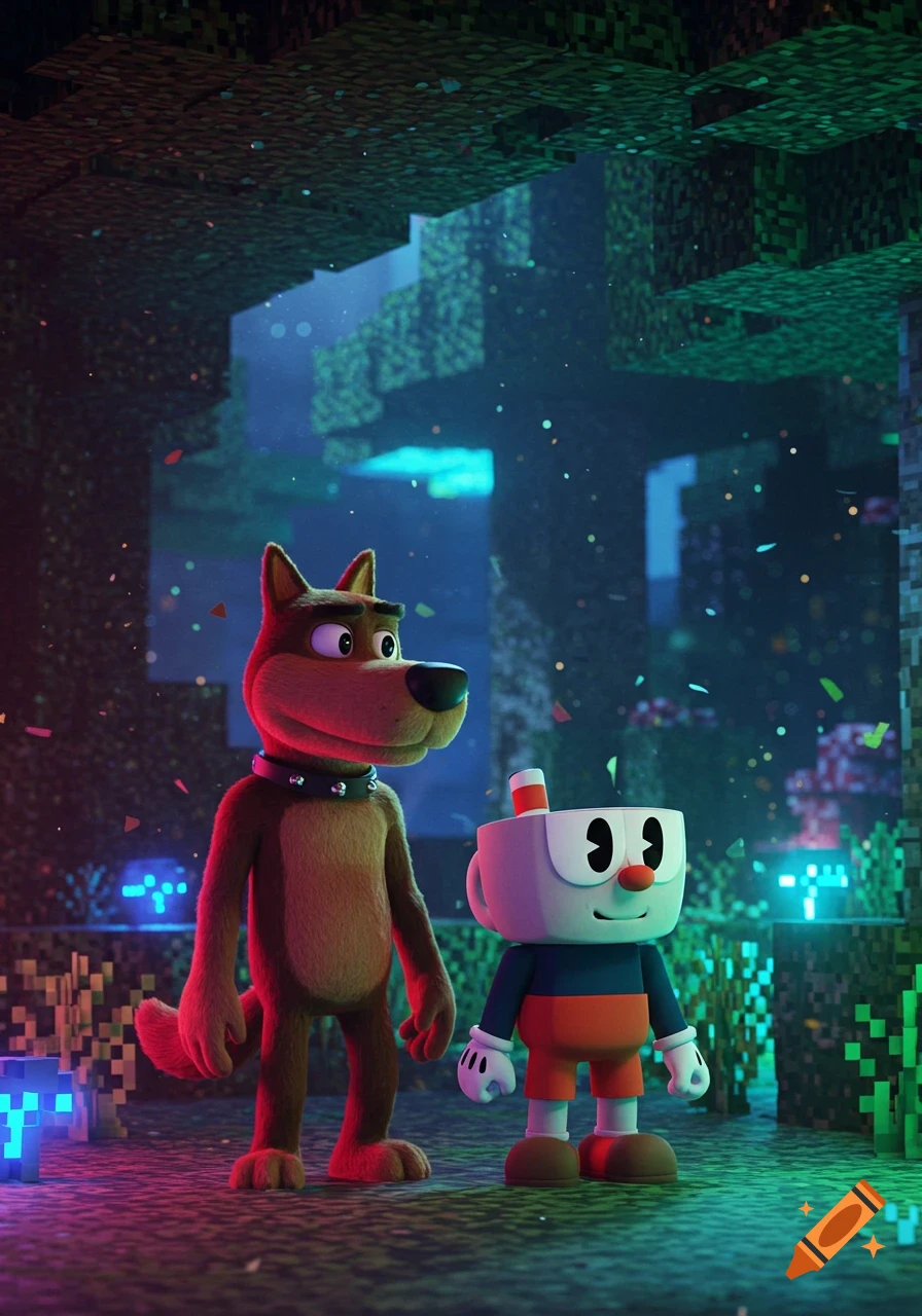 A brown cartoon dog with a spiked collar and Cuphead stand in a dark, glowing Minecraft forest with colorful confetti falling.