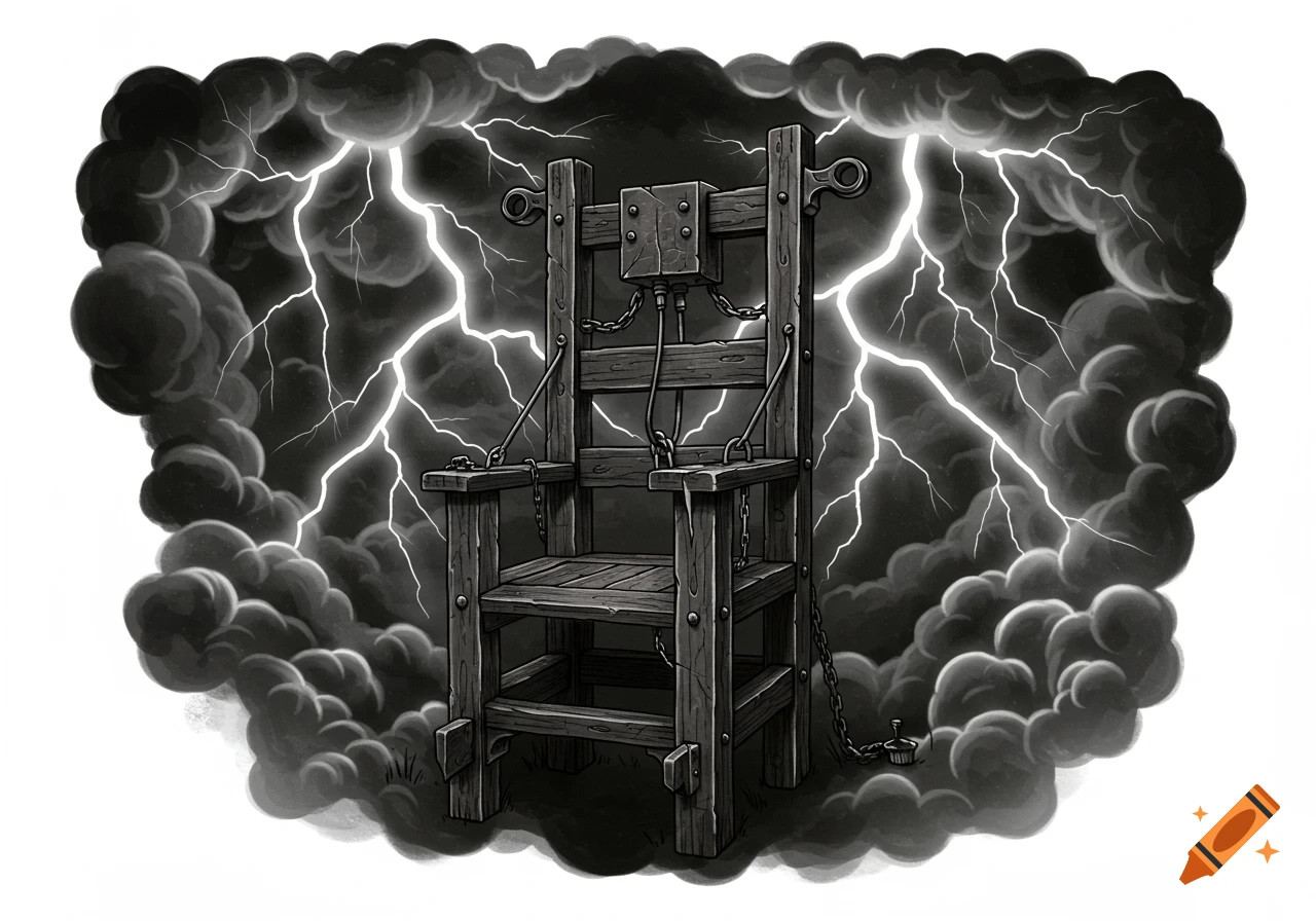 Black and white tattoo-style illustration of a vintage electric chair surrounded by storm clouds and bright lightning bolts.