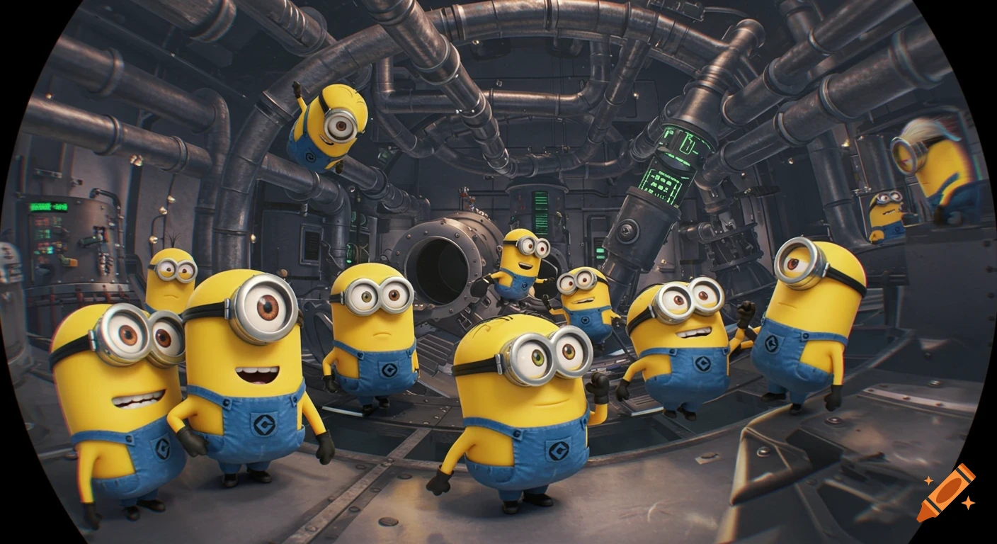 Many Minions in a futuristic, pipe-filled room with machinery, seen through a fish-eye lens.