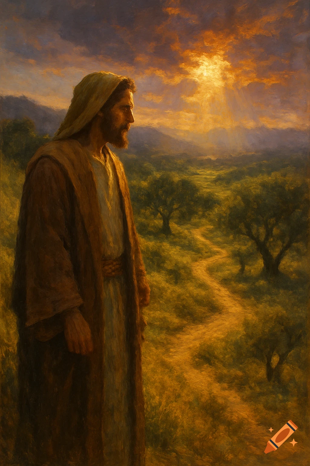 A man in robes stands on a winding path through a golden-hued, tree-dotted landscape under a dramatic sunset sky, in a painterly style.