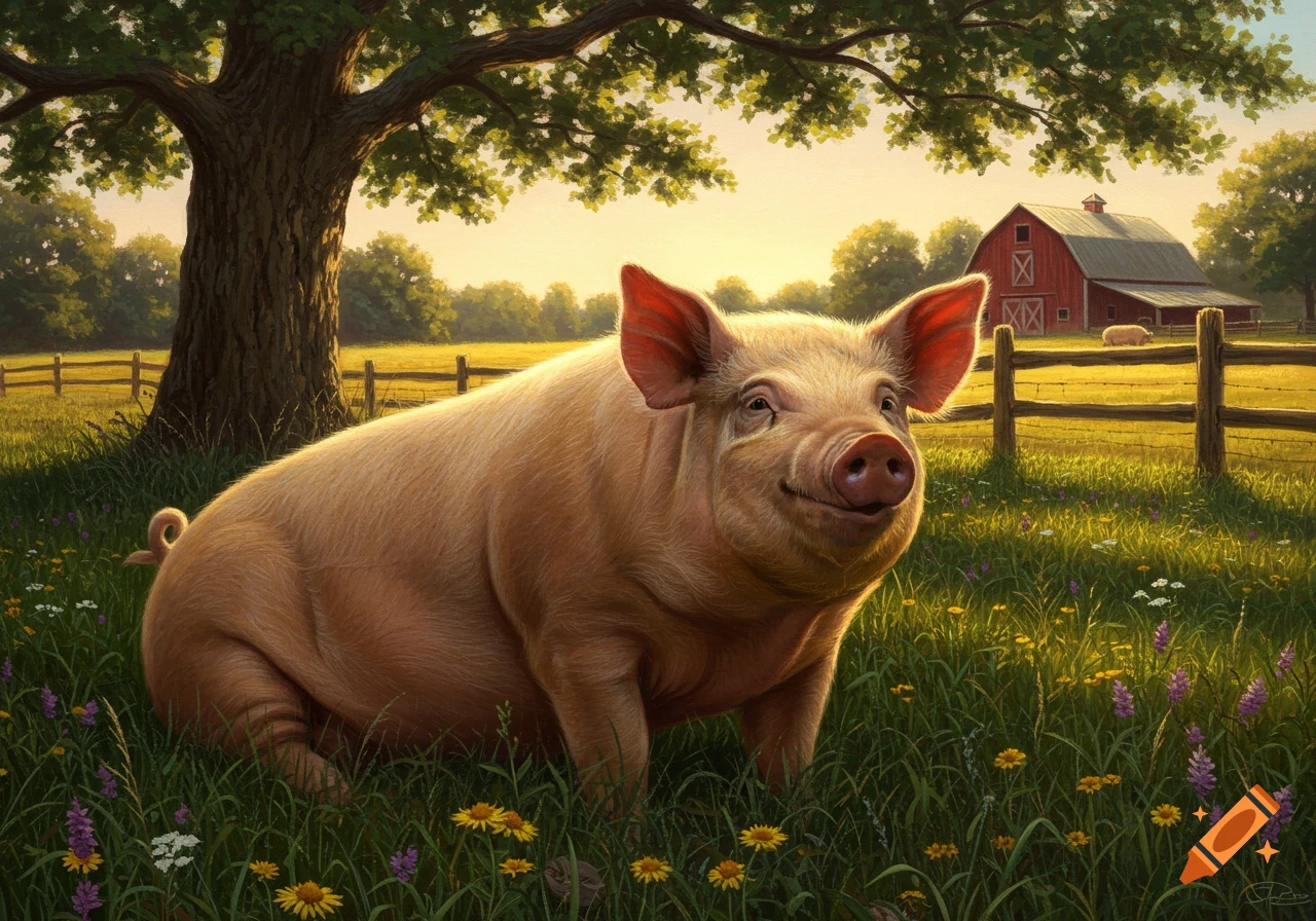 A smiling pig stands in a grassy field with yellow and purple wildflowers, a large tree, a wooden fence, and a red barn under a warm sunset sky.