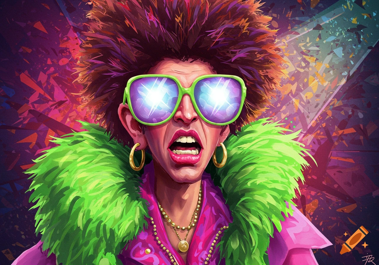 Vibrant pop art illustration of a person with wild hair, glowing green sunglasses, a fluffy green boa, and an exaggerated expression.