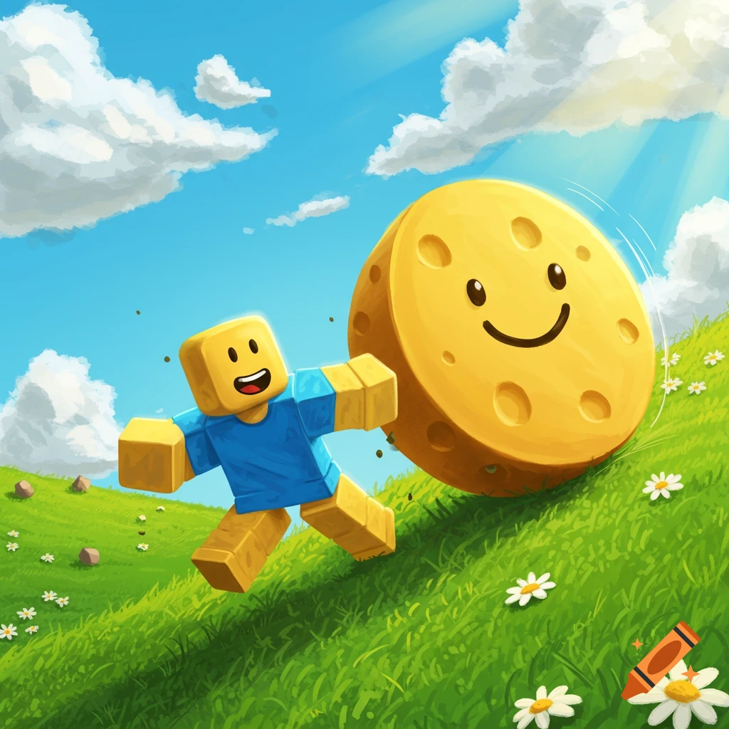 A cartoon Roblox noob chases a large, smiling cheese wheel rolling down a grassy green hill under a blue sky.