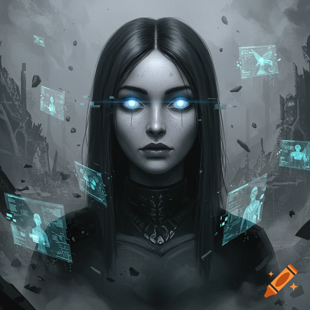 A dark, cyberpunk portrait of a woman with glowing blue eyes, surrounded by holographic screens and a ruined city.