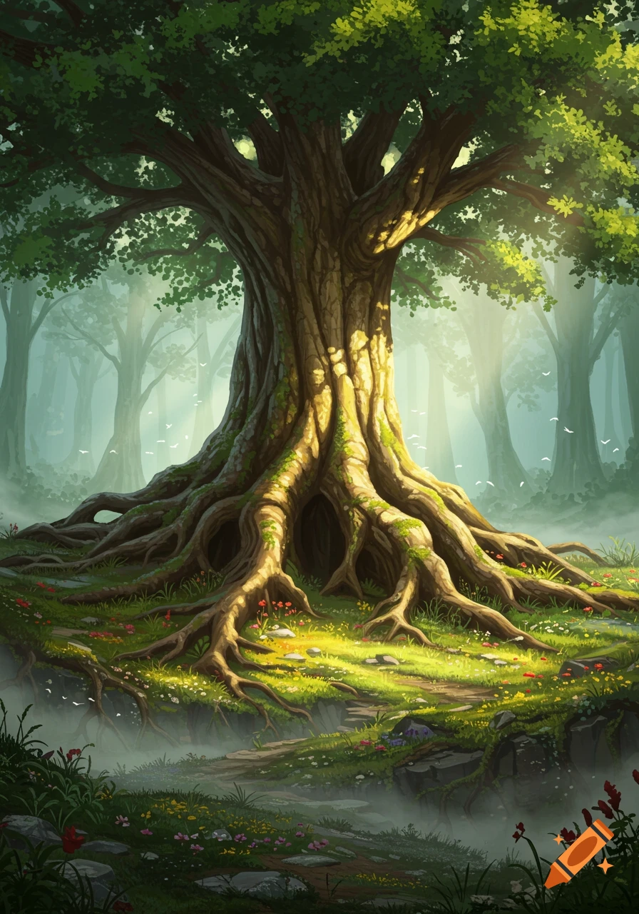 A large, ancient tree with sprawling roots in a sunlit, misty forest, depicted in a fantastical illustrative style.