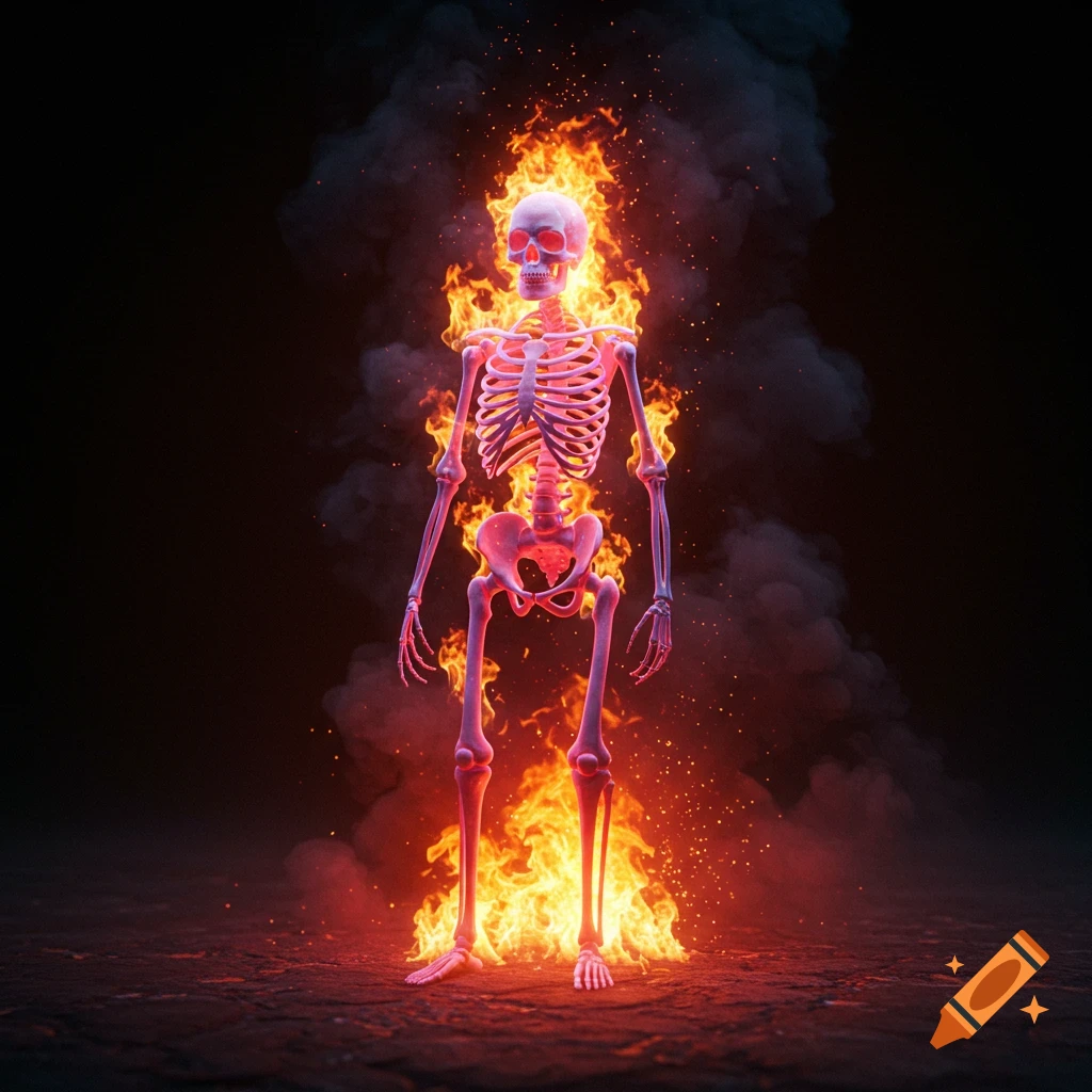 A 3D rendered skeleton engulfed in bright orange flames and smoke, standing on dark ground.