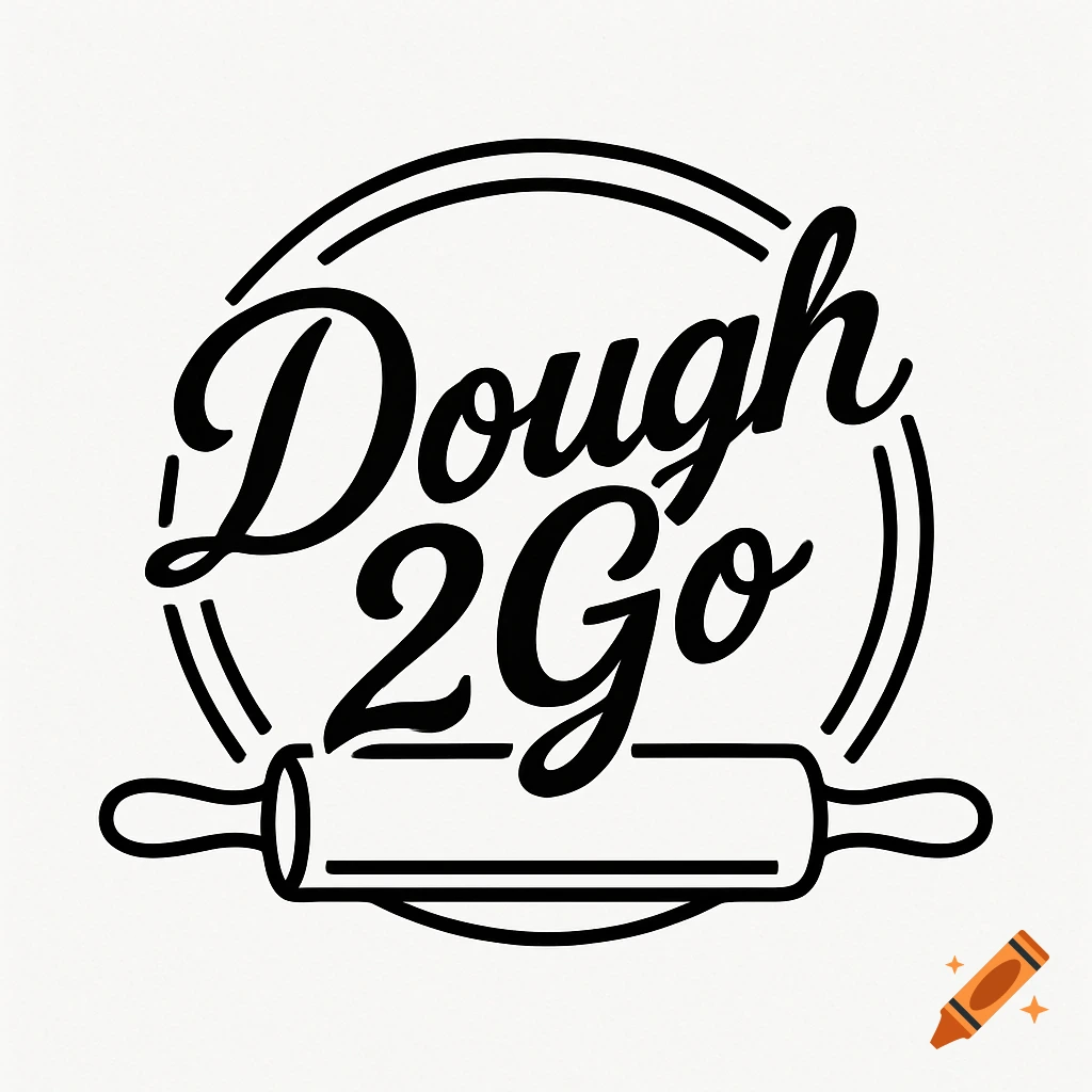 Black and white logo for 'Dough 2 Go' featuring script text, a rolling pin, and concentric circular lines.