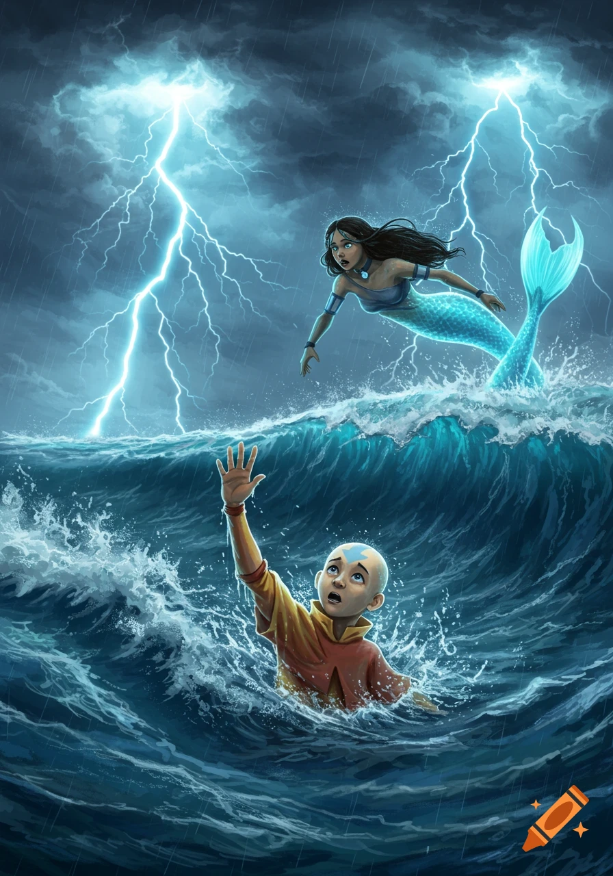 Aang sinks in a stormy sea with lightning as mermaid Katara swims to rescue him in a dramatic digital illustration.