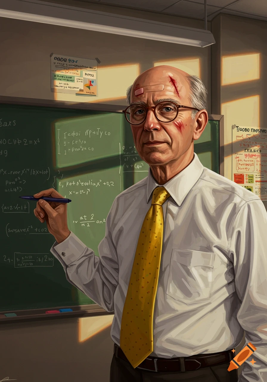 A realistic illustration of a balding teacher with glasses, a white shirt, and yellow tie, with a scrape and bandage on his forehead, holding a pen in front of a chalkboard.