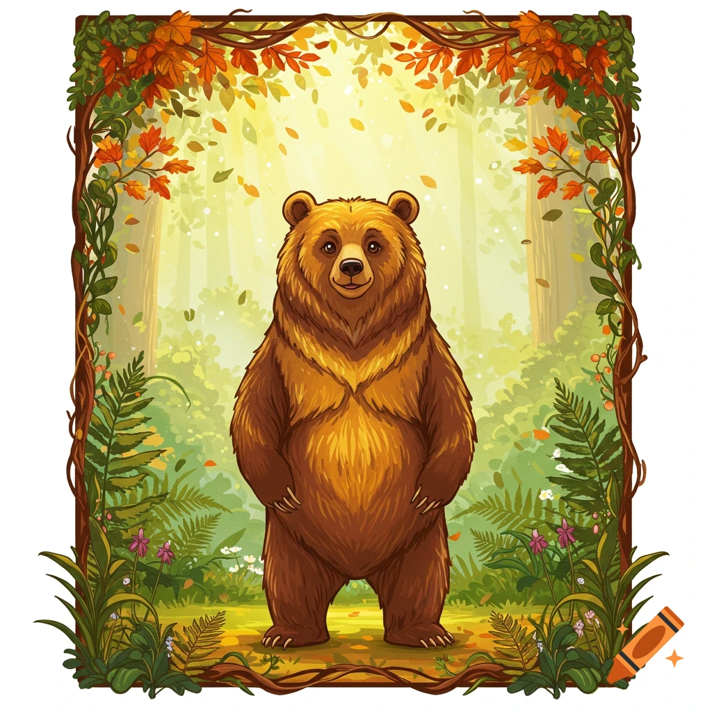 A friendly cartoon bear stands in a forest clearing framed by autumn leaves and green foliage.