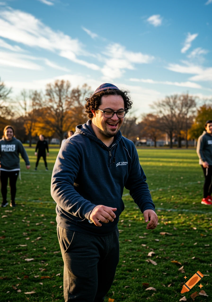 A smiling man with Down syndrome wearing a yarmulke and glasses, in a blue hoodie, stands on a grassy field with other people in the background under a blue sky.