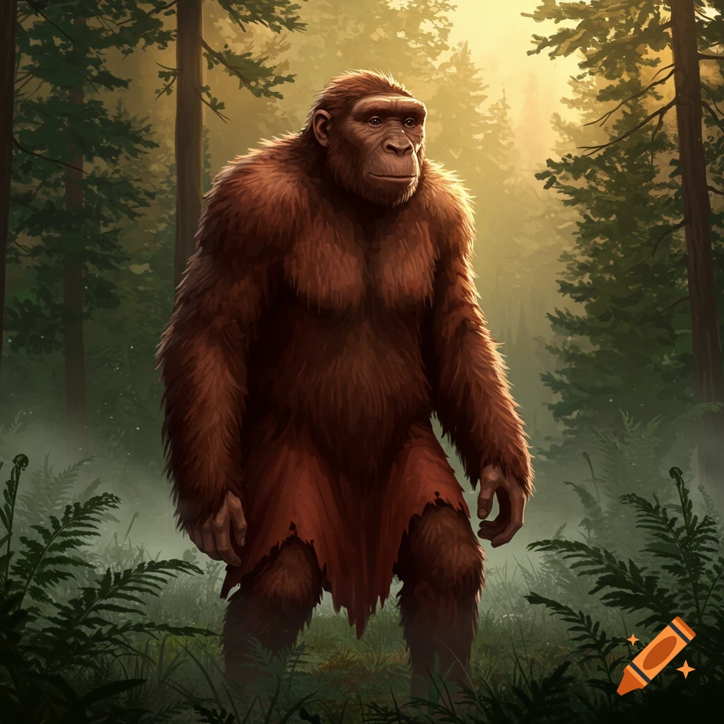 A bipedal, ape-like creature with rust-red fur and a baboon-like face stands in a misty forest.