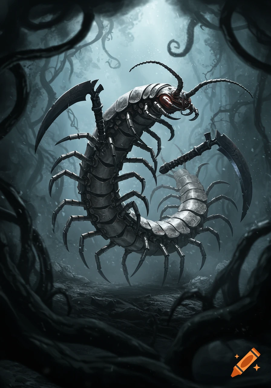 A metallic centipede with scythe-like claws and red eyes, emerging from a dark, misty forest with twisted trees, in a digital fantasy art style.