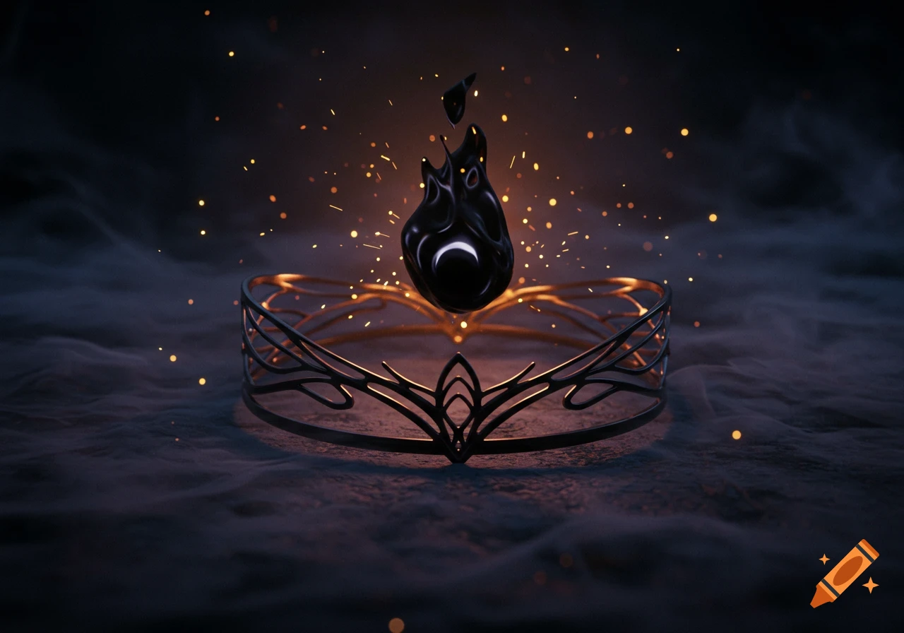 A dark, mystical image of an ornate circlet with a black, liquid-like flame and golden sparks floating above it on a smoky ground.
