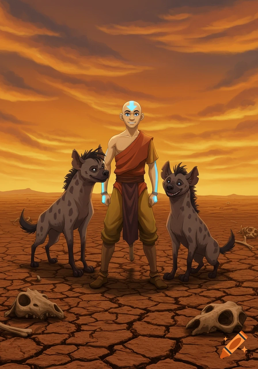 Aang stands between two hyenas in a cracked desert under an orange sky, with animal skulls on the ground. Animated style.