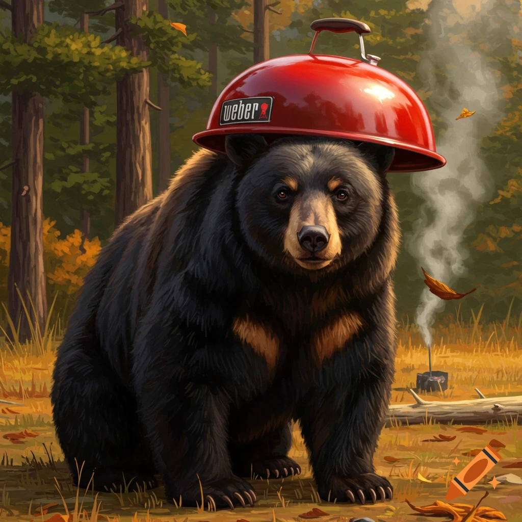 A black bear sits in an autumn forest, wearing a red Weber grill lid on its head.