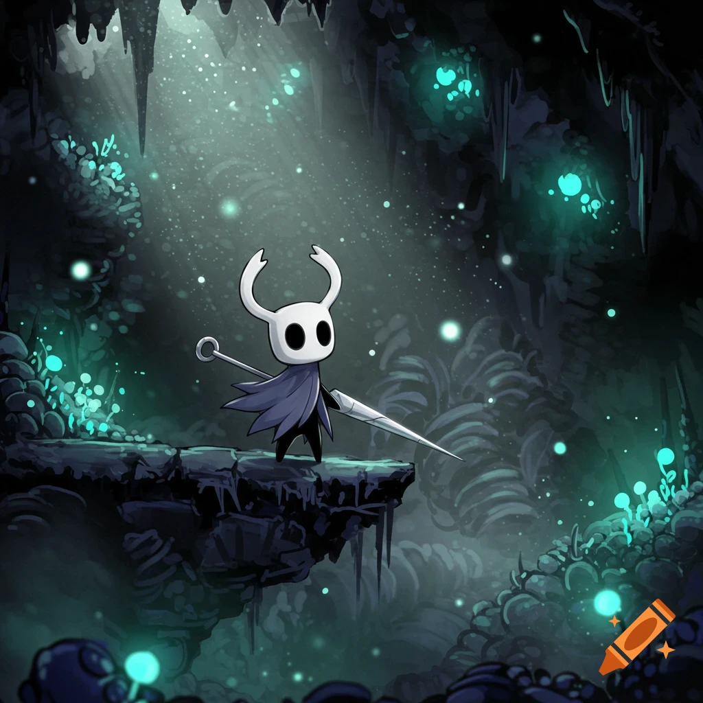 The Hollow Knight character stands on a rock ledge in a dark, glowing cave, holding a sword.