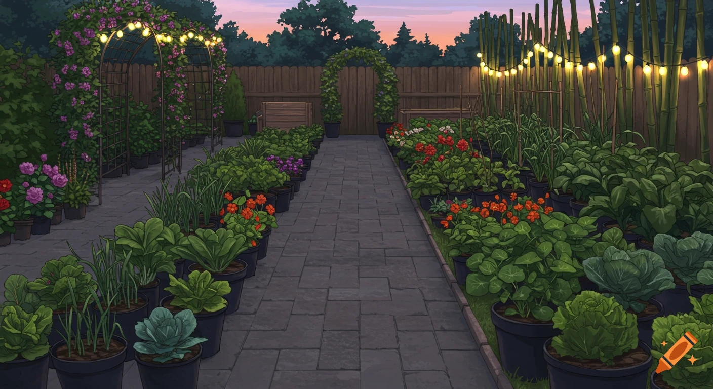 An illustrated evening garden with a stone path, potted vegetables and flowers, string lights on archways and bamboo, and a wooden fence.