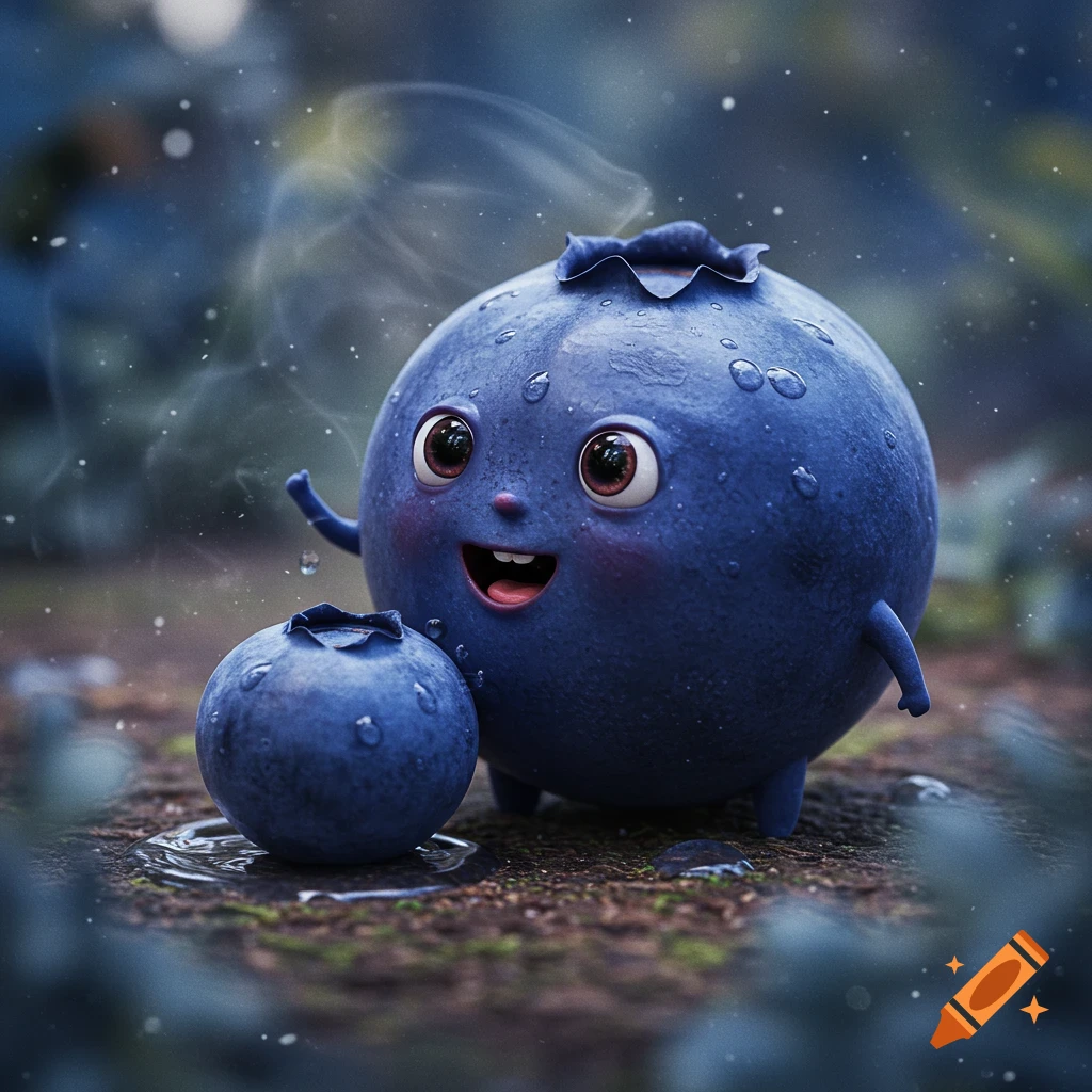 A large, cute anthropomorphic blueberry with big eyes and a happy open mouth stands next to a small, realistic blueberry in a puddle, under a light rain.
