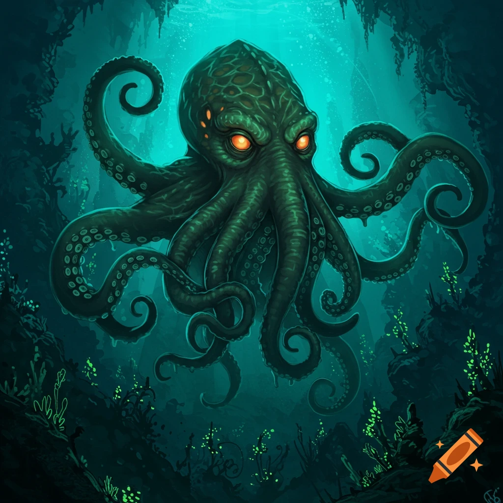 Large, green, Cthulhu-like octopus with glowing orange eyes in a dark underwater cave with bioluminescent plants, digital art.