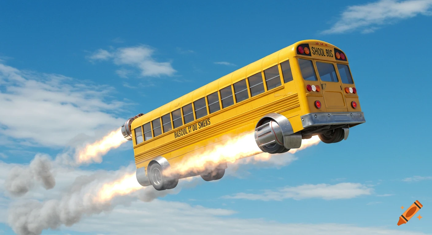 A yellow school bus with rocket boosters flies across a blue sky with white clouds, leaving trails of fire and smoke.