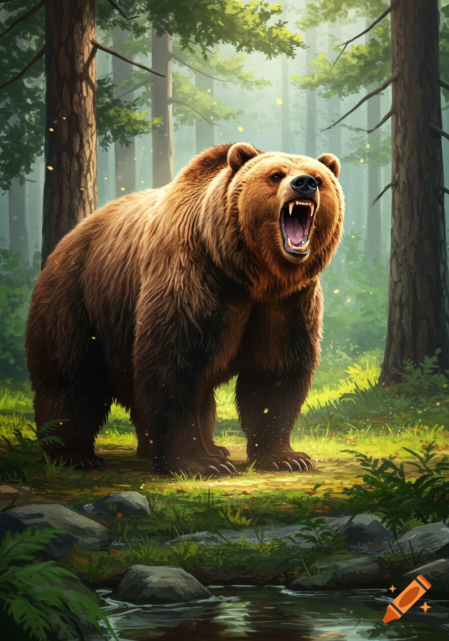 A majestic brown bear with an open mouth, roaring loudly in a sun-dappled forest, standing by a small stream.