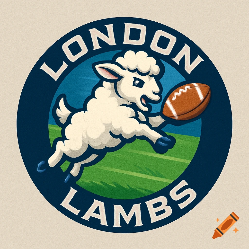 Circular cartoon logo of a jumping white lamb catching a football, with 'LONDON LAMBS' text.