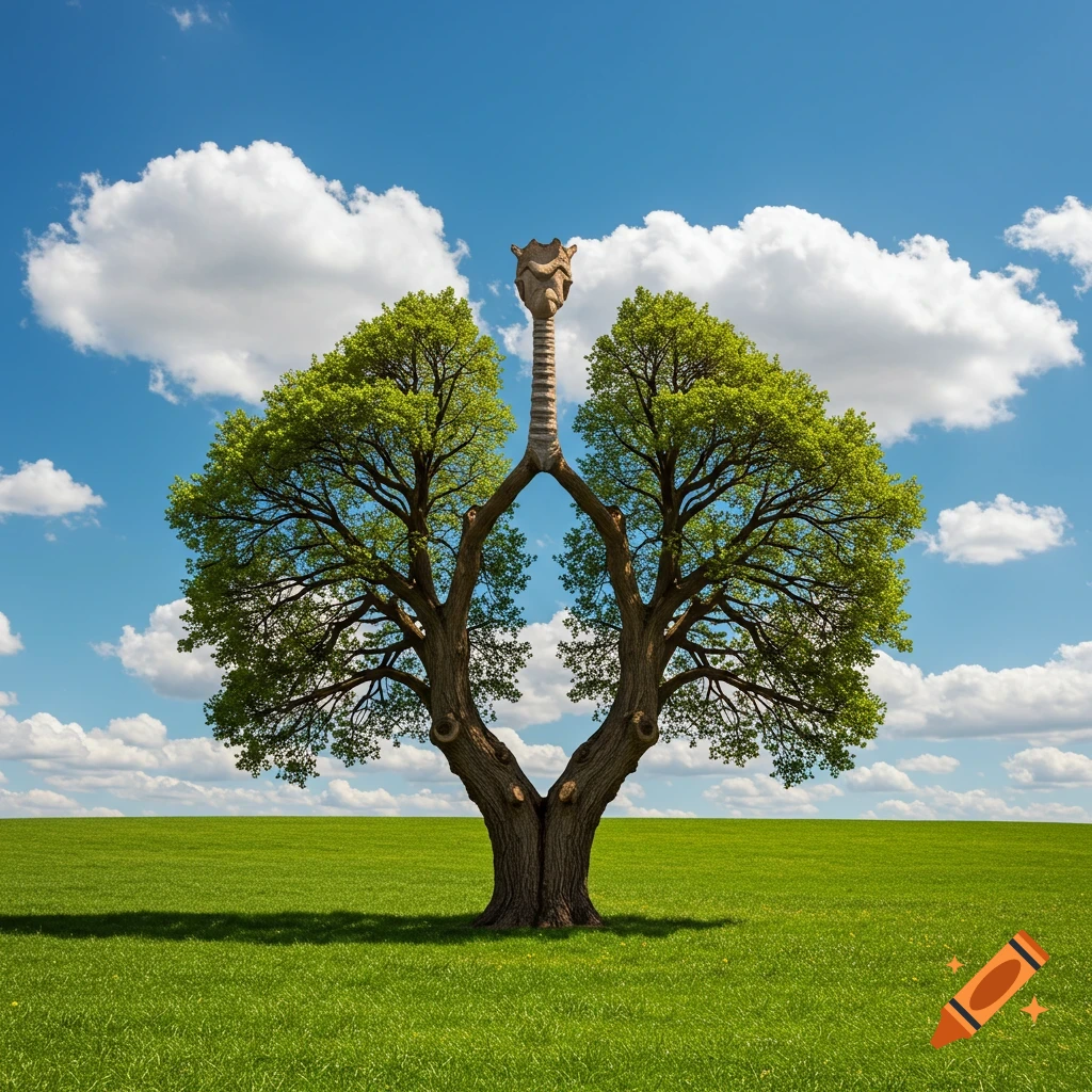 Photorealistic image of a tree resembling human lungs, with a trunk forming a trachea, on a green pasture under a blue sky with clouds.