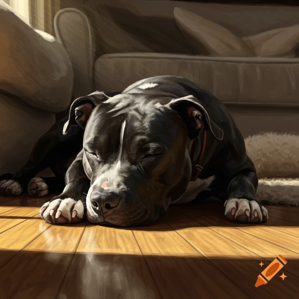 A black pitbull with a white chest and paws sleeps peacefully on a sunlit wooden floor, a couch in the background. Digital painting.