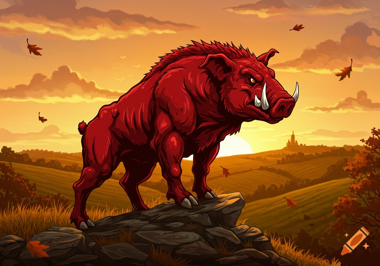 A vibrant red Arkansas Razorback wild boar stands on rocks at sunset, with golden autumn fields, a distant castle, and falling leaves in a stylized illustration.