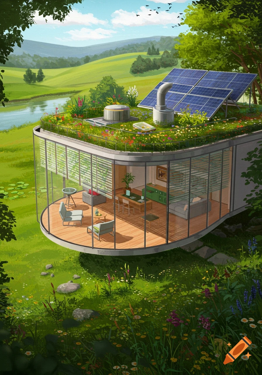 Illustrated modern house with a green roof and solar panels, nestled in a lush green valley beside a river.