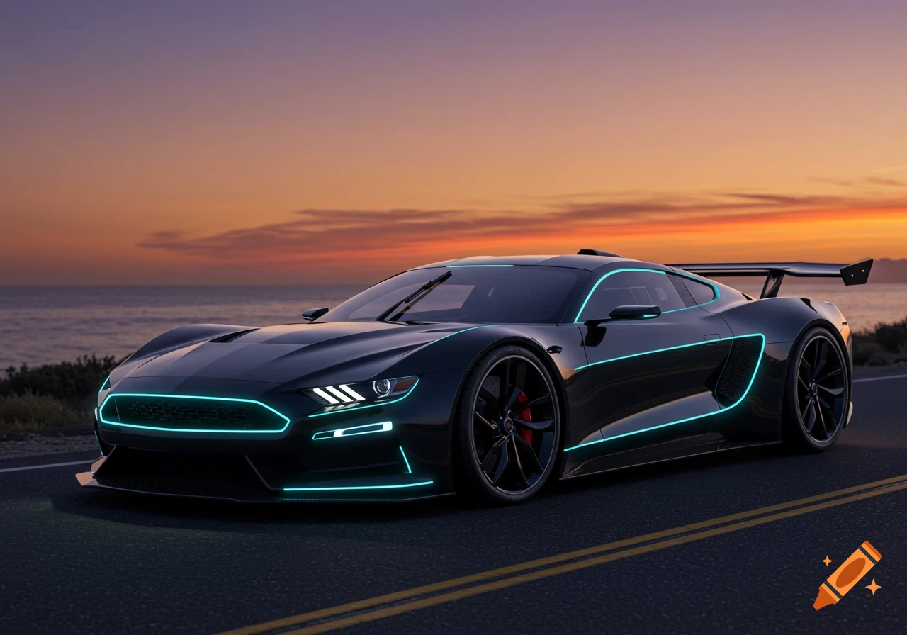 A sleek black concept car with glowing blue neon lines is parked on a coastal road at sunset, with the ocean in the background.