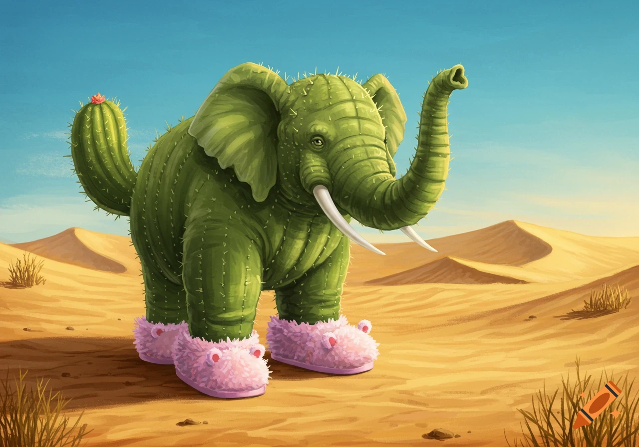 A whimsical green cactus elephant wearing pink fuzzy slippers stands in a sunny desert landscape with sand dunes.