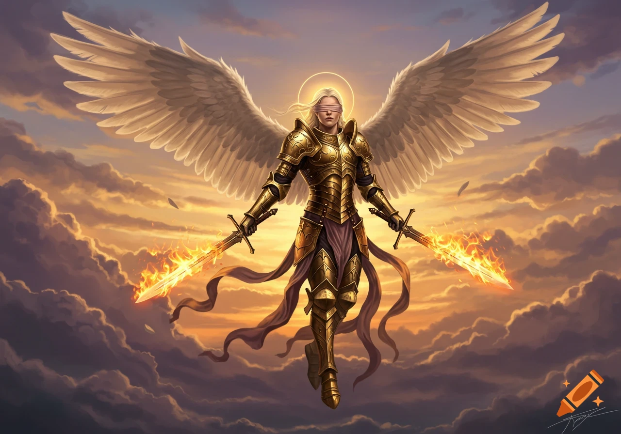 Blindfolded angel in golden armor with large wings and two flaming swords flies through a vibrant, cloudy sky at sunset, digital art.