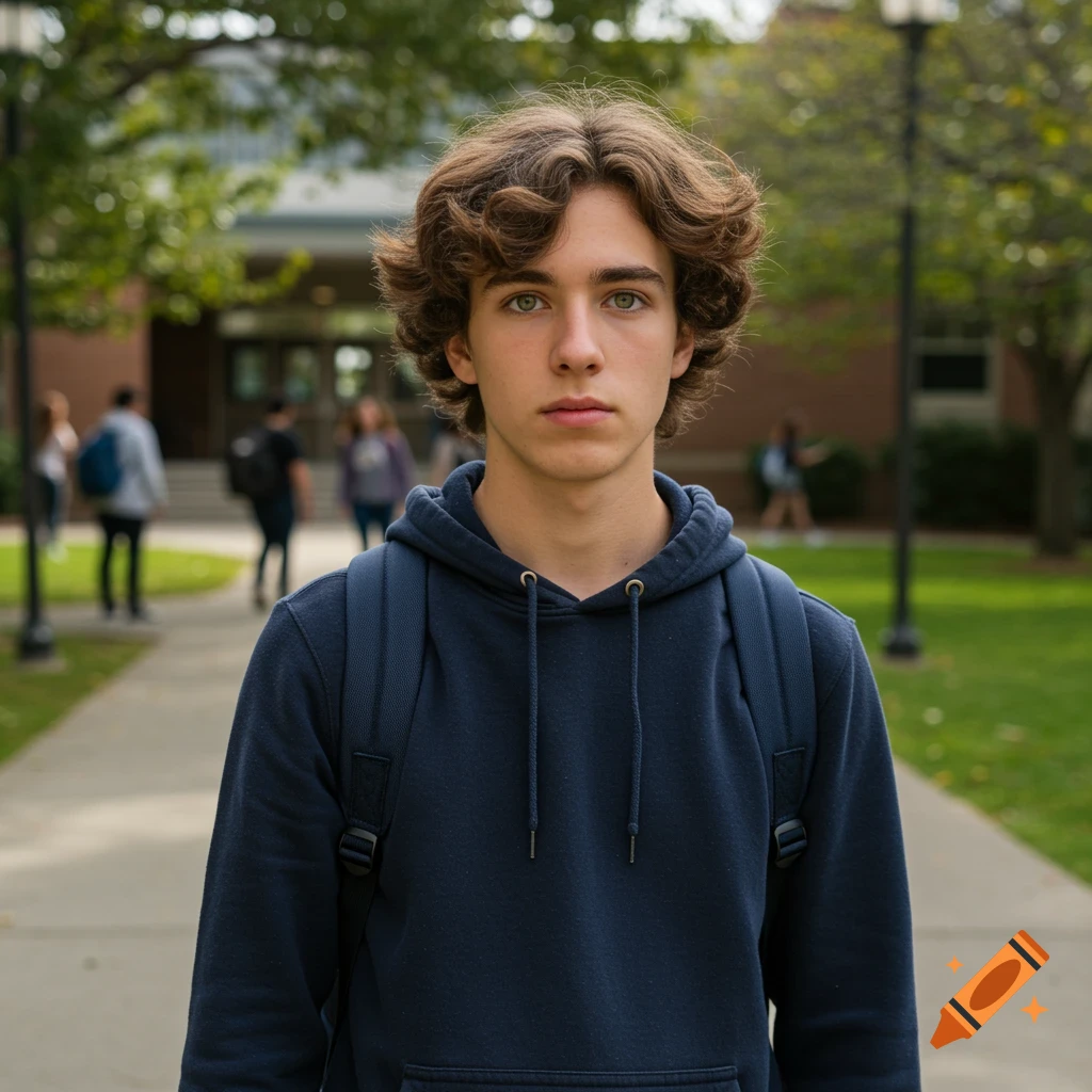 A close-up, photorealistic portrait of a serious young man with curly brown hair and green eyes, wearing a navy hoodie and backpack, standing on a campus pathway with blurred students and buildings in the background.