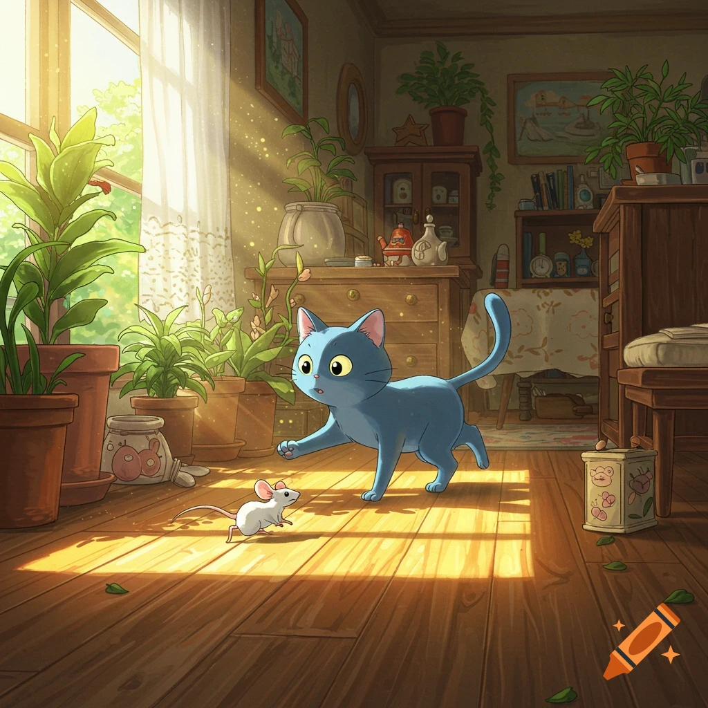 A blue cat pounces at a white mouse on a sunlit wooden floor in a cozy, plant-filled room, in Studio Ghibli style.