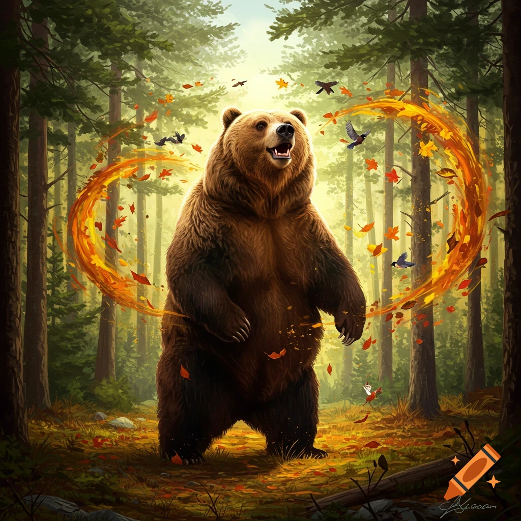 A large brown bear stands upright in a sunlit autumn forest, surrounded by a magical swirl of orange leaves and energy.