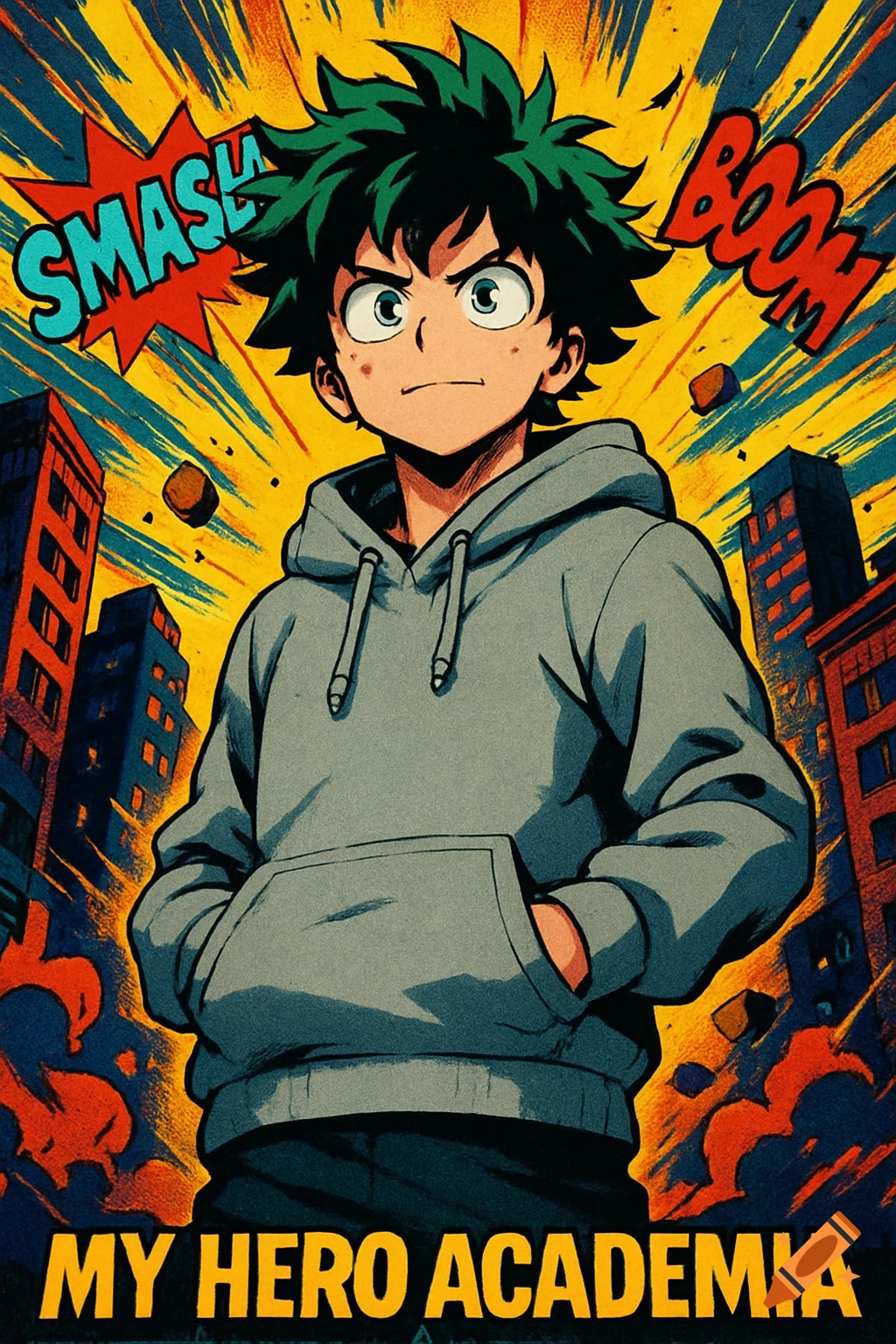 Izuku Midoriya from My Hero Academia in a gray hoodie, depicted in a vibrant comic book style poster with 'SMASH', 'BOOM' and 'MY HERO ACADEMIA' text.