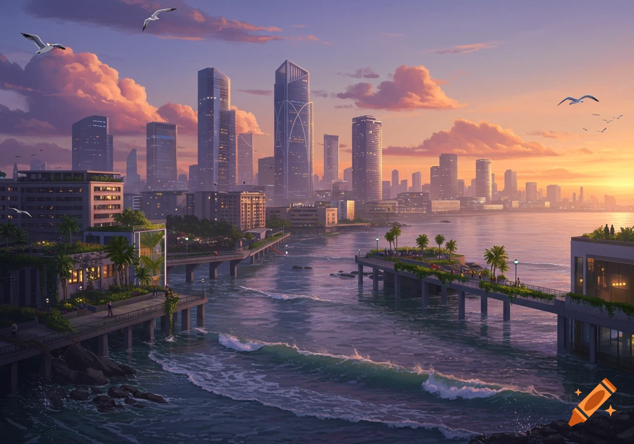 A vibrant digital painting of a futuristic coastal city at sunset, with tall skyscrapers, piers over the ocean, and orange-pink clouds.
