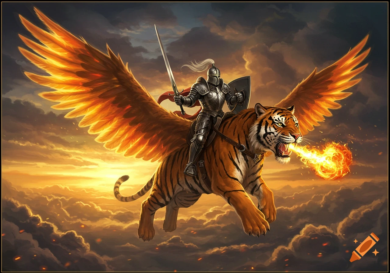 A knight on a winged, fire-breathing tiger soars through a sunset sky in a dramatic fantasy digital painting.