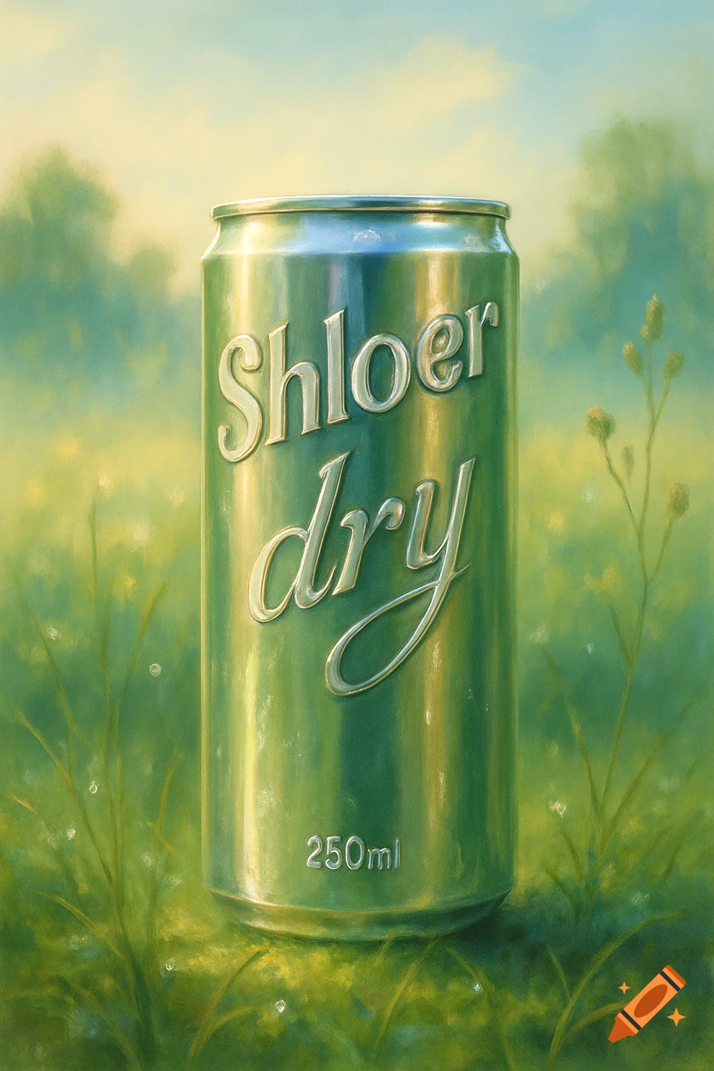 A green Shloer dry 250ml can stands in dew-kissed green grass under a soft sky, in a painted style.