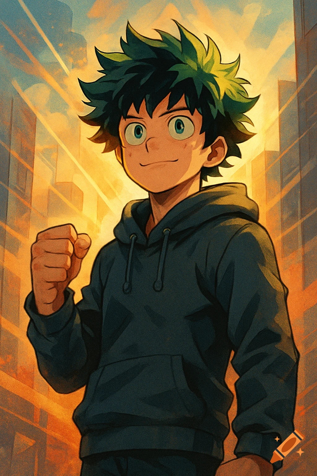 Anime art of Izuku Midoriya in a grey hoodie, smiling and clenching his fist, with a bright city background.