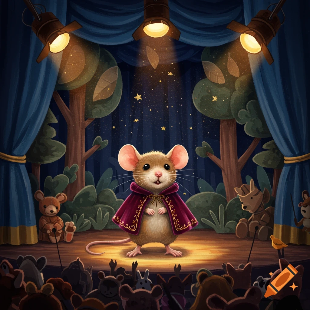 A small, cute mouse in a maroon cape stands on a spotlighted stage, performing for an audience of plush toys in an illustrative style.