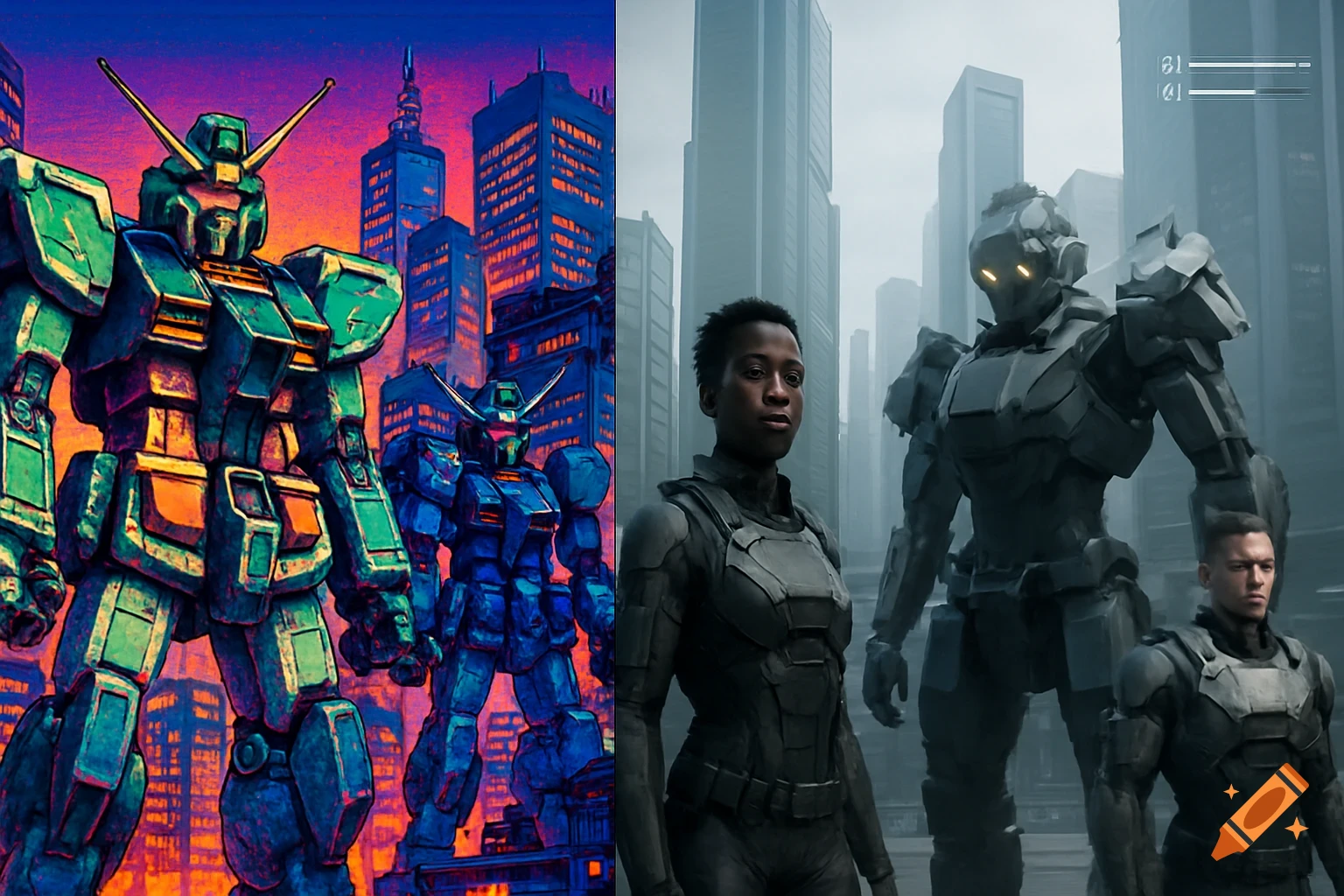 A split image showing two distinct styles. On the left, green and blue anime-style mechs stand in a vibrant city. On the right, a diverse group of human soldiers and dark, blocky mechs stand in a monochromatic futuristic city.
