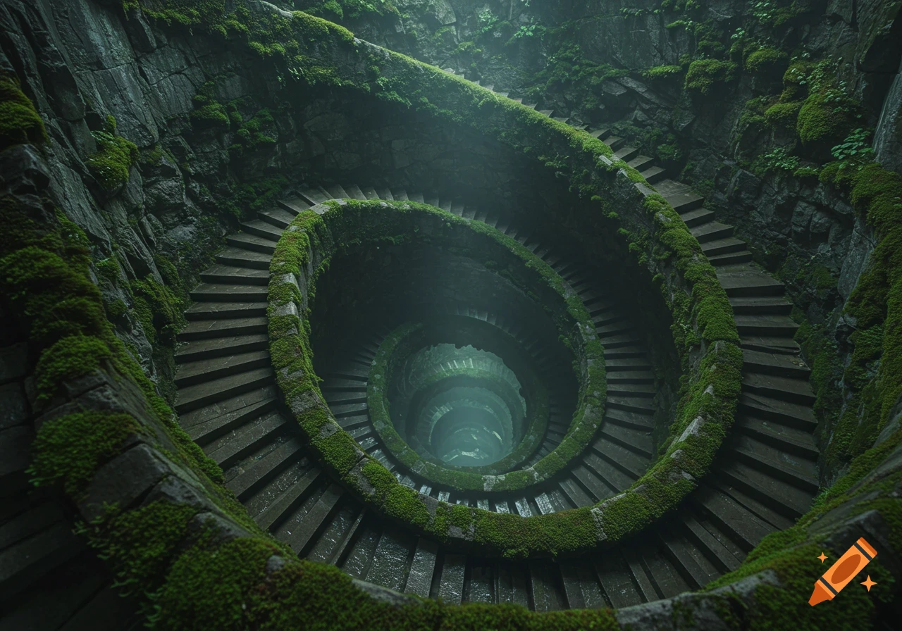 A photorealistic view looking down a deep, moss-covered stone spiral staircase into a dark abyss.