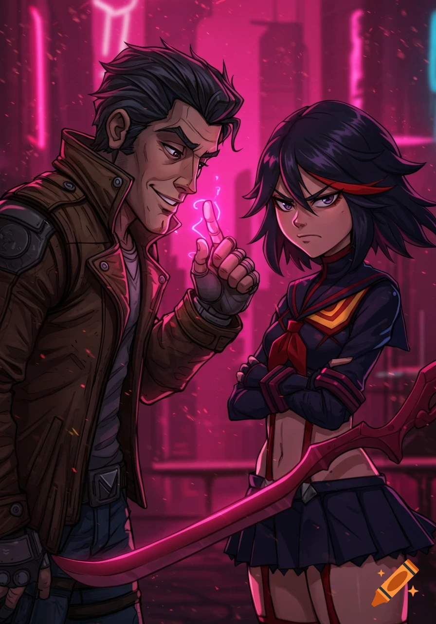 Handsome Jack from Borderlands smiles, pointing a glowing finger at an annoyed Ryuko Matoi from Kill la Kill, who stands with crossed arms in a neon cyberpunk city, comic art style.