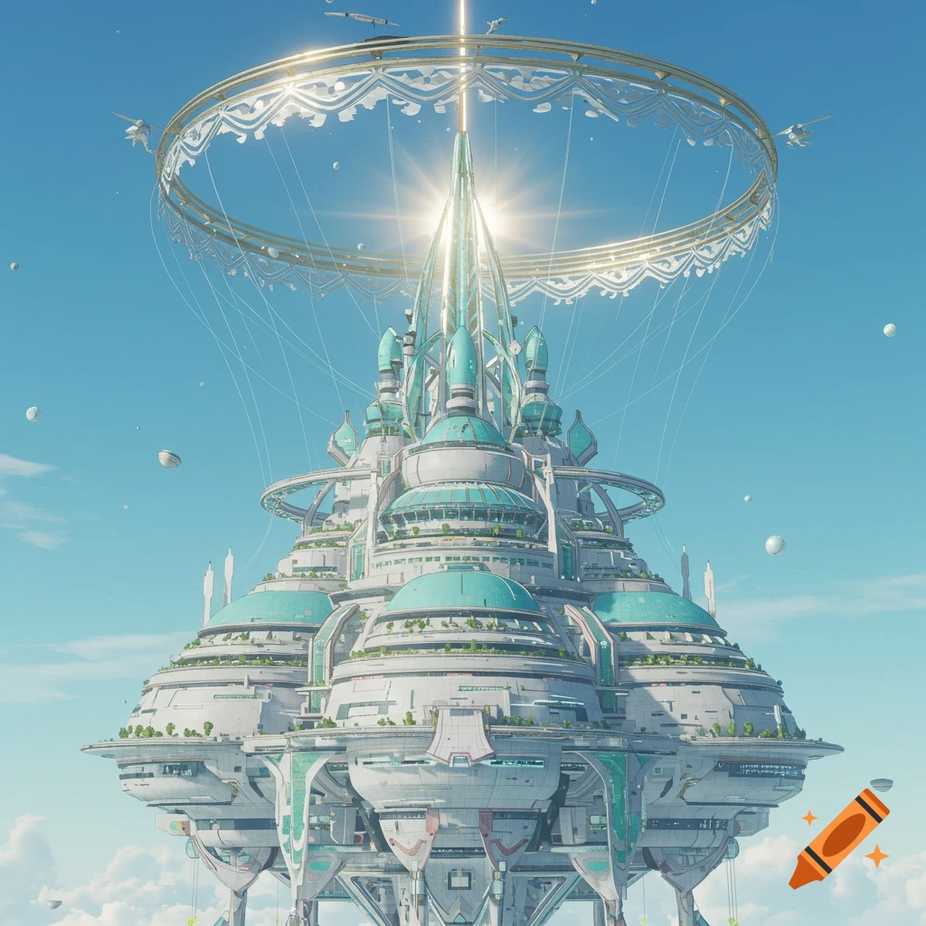 An ornate, futuristic city or temple with a glowing spire and halo-like ring floats in a clear blue sky, surrounded by small craft.
